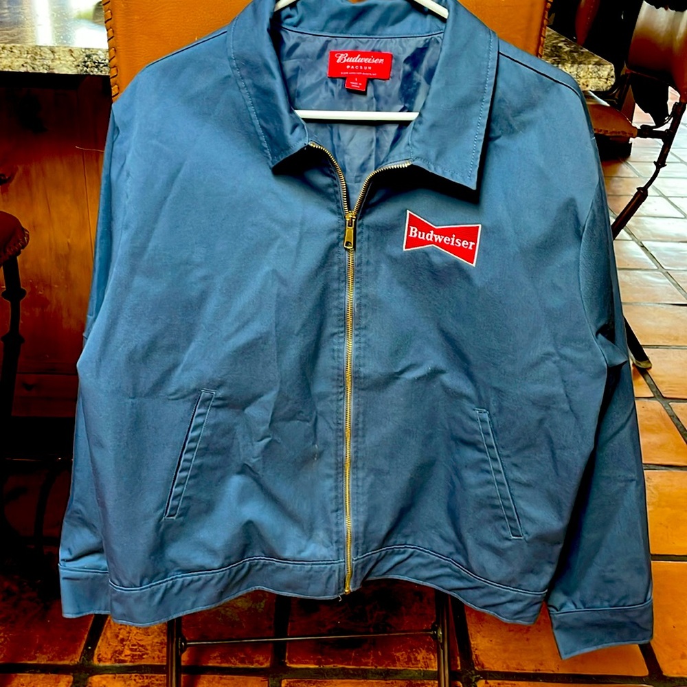 Men’s PacSun zip up jacket.  Size Large, Blue with Budweiser’s logo. Never-worn.